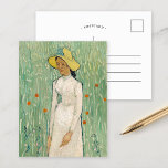 Cartão Postal Rapariga em Branco | Vincent van Gogh<br><div class="desc">Rapariga de Branco (1890) | Arte original do artista poste-impressionista holandês Vincent van Gogh (1853-1890). A pintura mostra uma mulher vestindo um vestido branco e um chapéu de palha amarelo, em pé em um campo verde macio espalhado por flores vermelhas. Use as ferramentas de design para adicionar texto personalizado ou...</div>