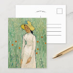 Cartão Postal Rapariga em Branco | Vincent Van Gogh<br><div class="desc">Rapariga de Branco (1890) | Arte original do artista poste-impressionista neerlandês Vincent Van Gogh (1853-1890). A pintura mostra uma mulher vestindo um vestido branco e um chapéu de palha amarelo, em pé em um campo verde macio espalhado por flores vermelhas. Use as ferramentas de design para adicionar texto personalizado ou...</div>