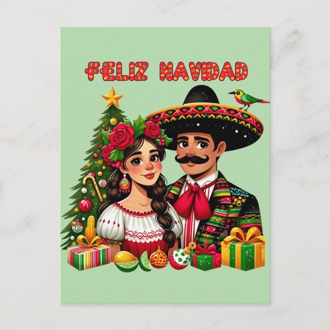 Cartão Postal Rapariga mexicana árvore de natal Feliz Navidad (Frente)