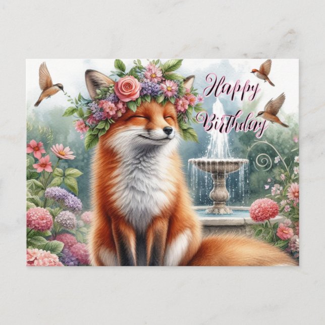 Cartão Postal Rapariga Raposa com Coroa Floral Feliz Aniversário (Frente)