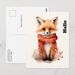 Cartão Postal Rapariga Raposa Fofa com um Cachecol Vermelho