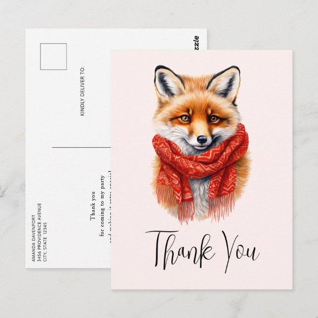 Cartão Postal Rapariga Raposa Fofa com um Cachecol Vermelho Imag (Frente/Verso)