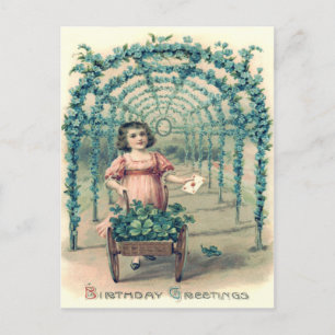 Cartão Postal Rapariga Wheelbarrow Quatro Folha Folha Esqueça-Me