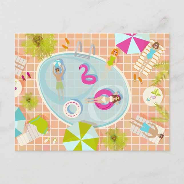 Cartão Postal Raparigas Bikini e caras jogando piscina de nataçã (Frente)