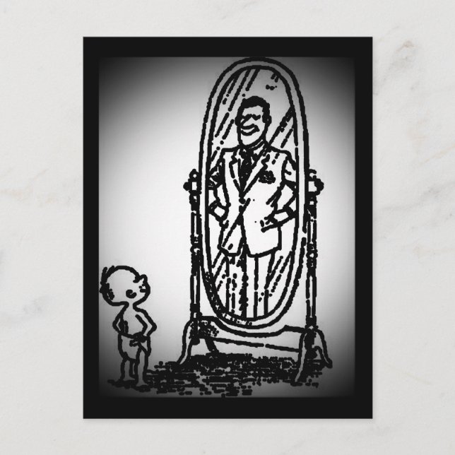 Cartão Postal Rapaz e Homem Olhando no Espelho (Frente)