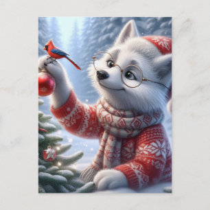 Cartão Postal Raposa Ártica de Natal e os Pássaros