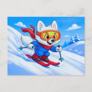 Cartão Postal Raposa Ártica Esquiando em uma Montanha Nevada