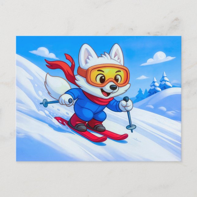 Cartão Postal Raposa Ártica Esquiando em uma Montanha Nevada (Frente)