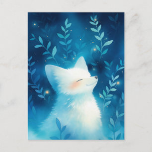 Cartão Postal Raposa Branca Feliz no Jardim Azul da Meia-Noite
