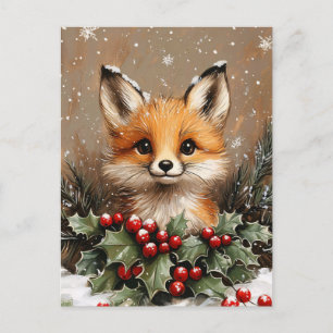 Cartão Postal Raposa de Inverno com Azevinho e Pinheiro Nevado