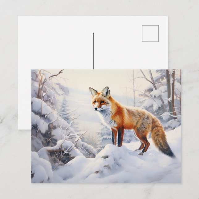 Cartão Postal Raposa de inverno na floresta (Frente/Verso)