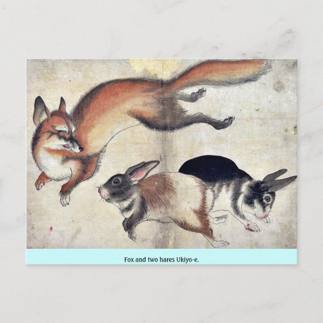 Cartão Postal Raposa e duas lebres Ukiyoe. (Frente)