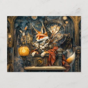Cartão Postal Raposa em Pilha Steampunk em Cena Mística