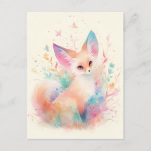 Cartão Postal Raposa Fennec Branca com Orelha Arco-íris Pastel