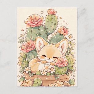 Cartão Postal Raposa Fennec do Vaso de Cacto de Damasco Adormeci
