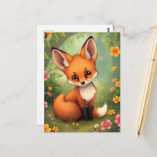 Cartão Postal Raposa marrom fofa na floresta