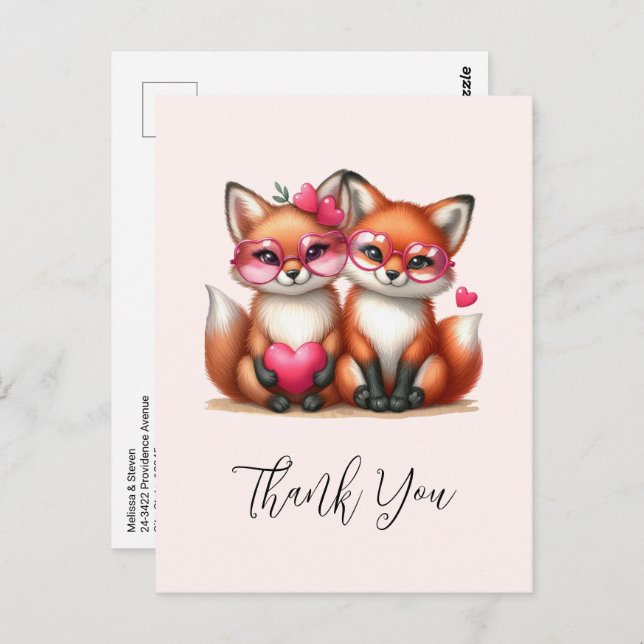 Cartão Postal Raposas Laranja e Bonitas Apaixonadas Obrigado (Frente/Verso)