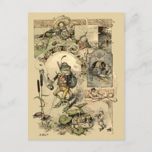 Cartão Postal Rãs Vintage Cogumelos Caracóis