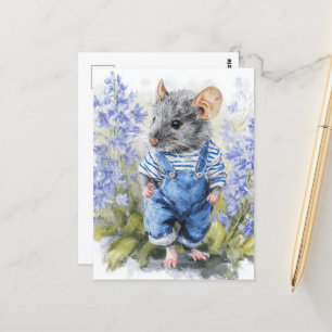 Cartão Postal Rato Adorável em Jeans nas Flores