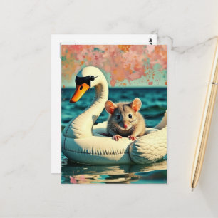 Cartão Postal Rato Adorável em um Flutuador de Cisne