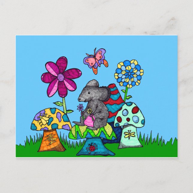 Cartão Postal Rato Adorável entre Cogumelos (Frente)