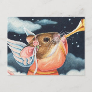 Cartão Postal Rato Anjo de Natal e Trombeta Arte em Aquarela