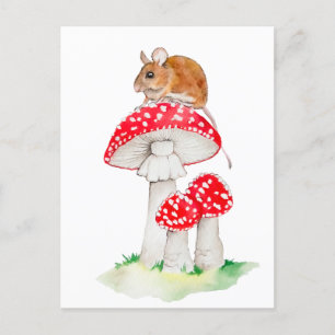 Cartão Postal Rato engraçado em uma mosca agaúta, aquarela