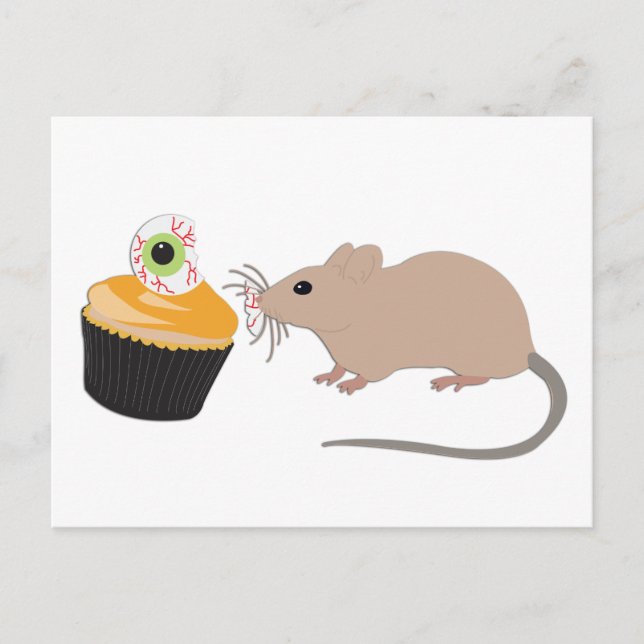 Cartão Postal Rato Fofo Comendo Cupcake de Olho de Halloween (Frente)
