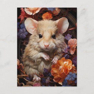Cartão Postal Rato Marrom Pequenino Flores Coloridas