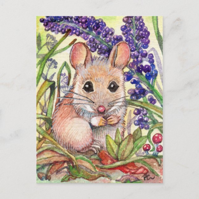 Cartão Postal Rato Pequeno e Flores Roxas (Frente)
