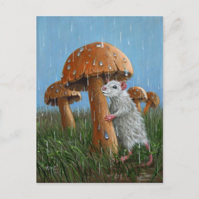 Cartão Postal Rato sob Mushroom em Cartão-postal de chuva (Frente)