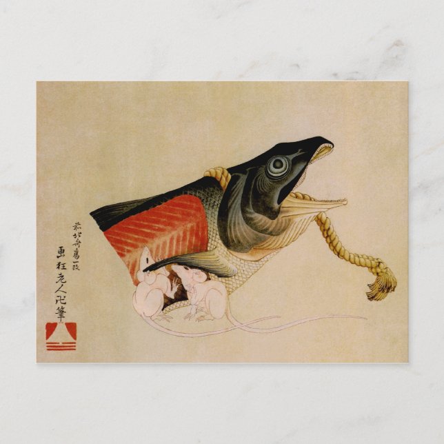 Cartão Postal Ratos e Salmão Hokusai Belas Artes Japonesas (Frente)