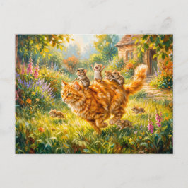 Cartão Postal Ratos montando gato pelo jardim