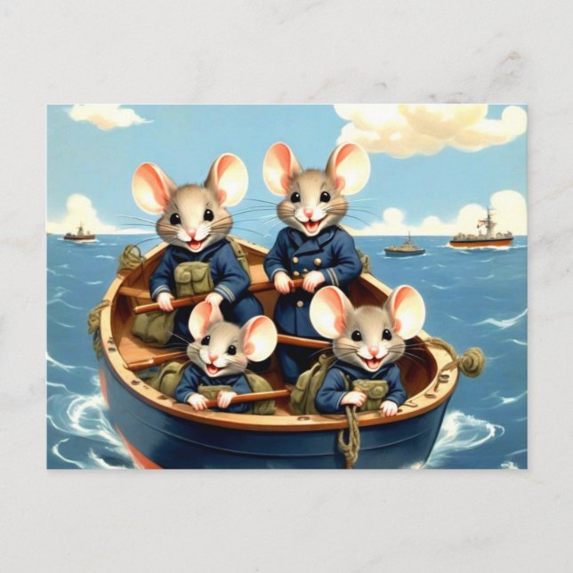 Cartão Postal Ratos Navy Fofo em Barco (Frente)