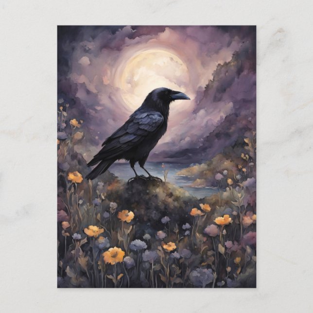 Cartão Postal Raven in Moonlight Watercolor (Frente)