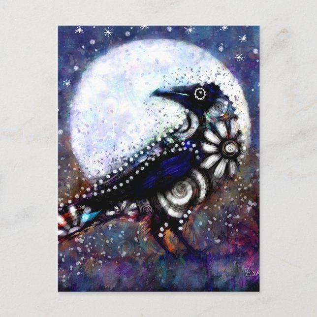 Cartão Postal Raven Moon Floral Preto Branco Branco (Frente)
