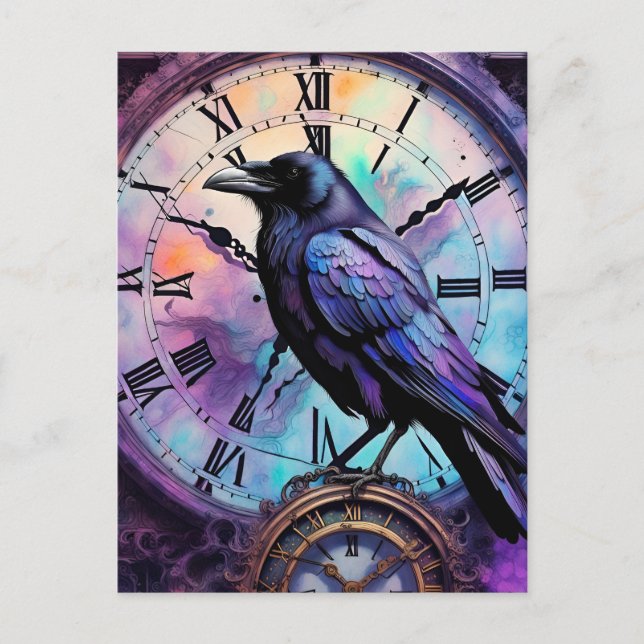 Cartão Postal Raven na Aquarela Clock (Frente)