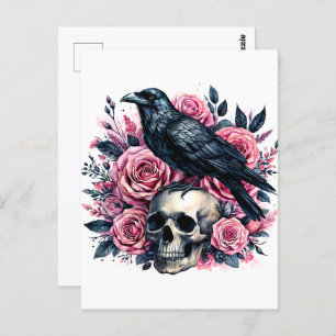 Cartão Postal Raven Sobre O Crânio Com Rosas Rosa Arte Aquarela