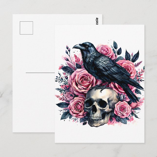 Cartão Postal Raven Sobre O Crânio Com Rosas Rosa Arte Aquarela (Frente/Verso)