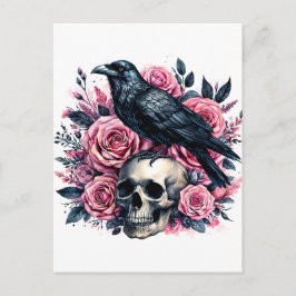 Cartão Postal Raven Sobre O Crânio Com Rosas Rosa Arte Aquarela
