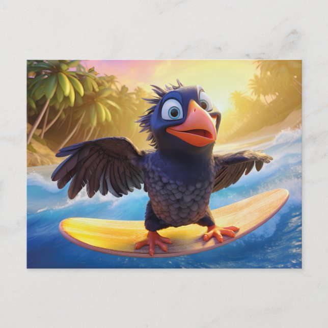 Cartão Postal Raven Surfing In Tropical Paradise With Palm Trees (Frente)