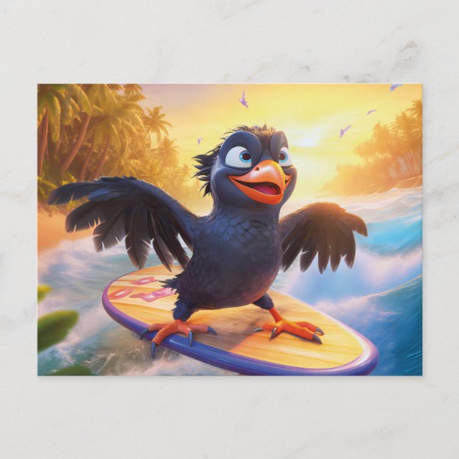 Cartão Postal Raven Surfing On Tropical Beach With Wings Spread (Frente)