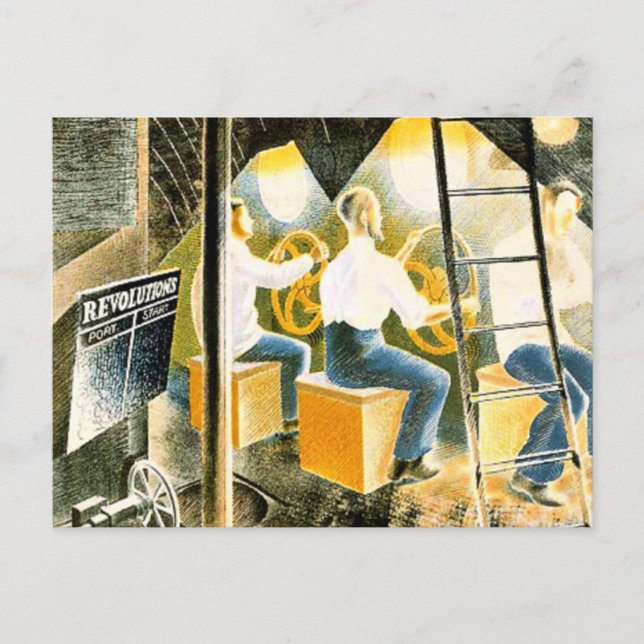 Cartão Postal Ravílio - Homens Operando Controlos Submarinos (Frente)