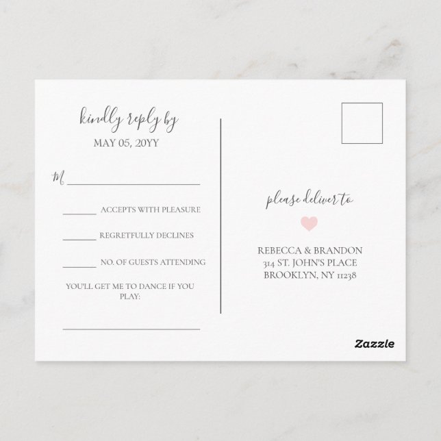 Cartão Postal Rebecca Simples Elegante Pedido de Música RSVP Cas (Verso)