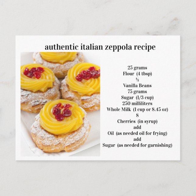 Cartão Postal Receita Autêntica Italiana Zeppola (Frente)