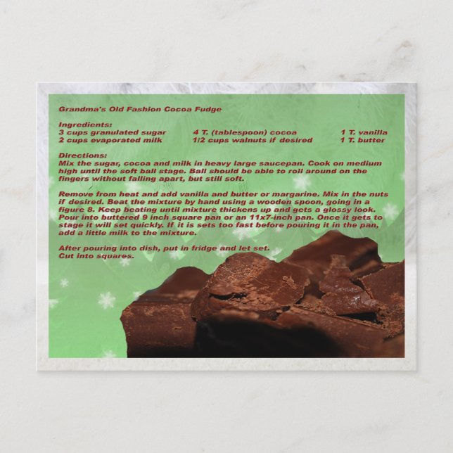 Cartão Postal Receita da Vovó do Fudge da Antiga Moda (Frente)