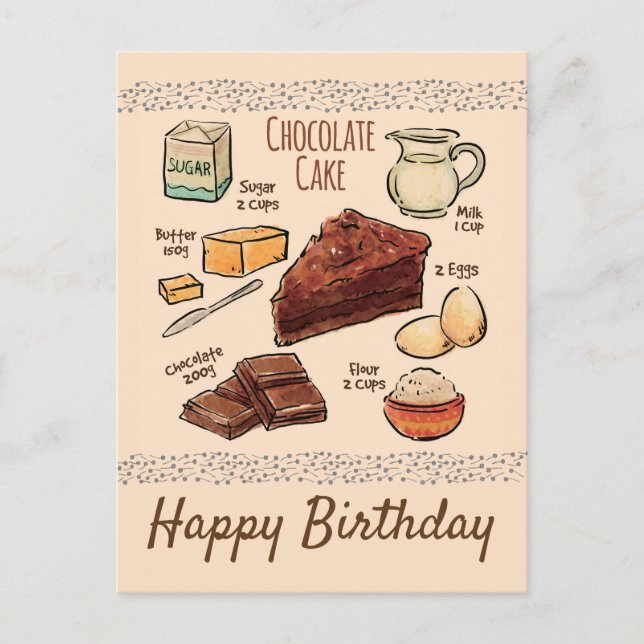Cartão Postal Receita de Bolo de Chocolate de Aniversário (Frente)