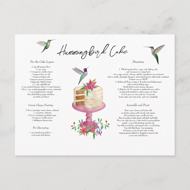 Cartão Postal Receita de Bolo Hummingbird (Frente)