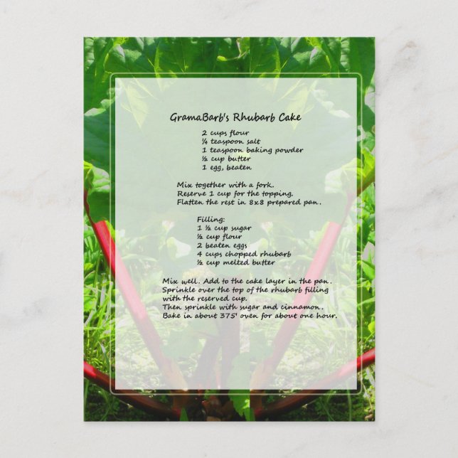 Cartão Postal Receita de Bolo Rhubarb (Frente)