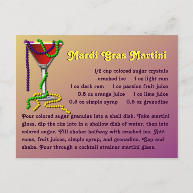 Cartão Postal Receita de Mardi Gras Martini (Frente)